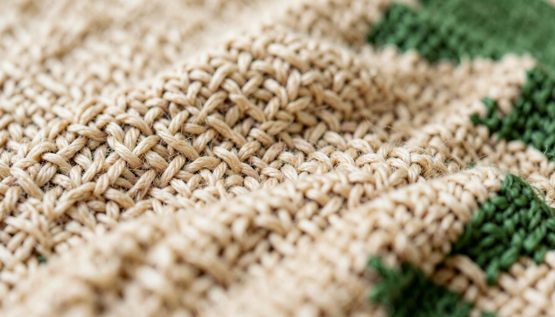 Extreme close-up photograph of woven fabric texture in soft beige and warm sand tones, with overlapping threads creating a calm and tactile mood